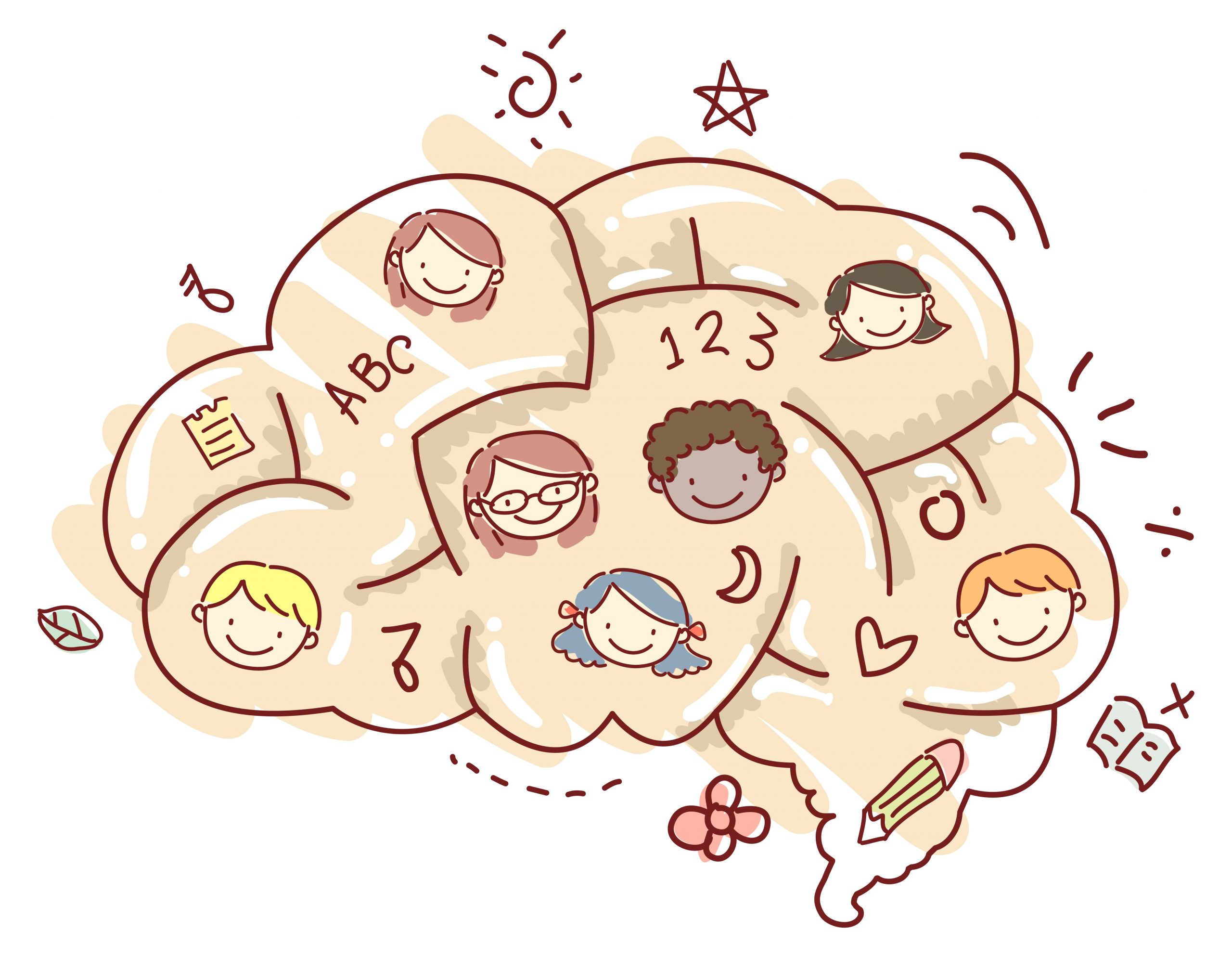 Illustration of a Brain Designed as a Maze with Kids Faces and Other Education Doodles